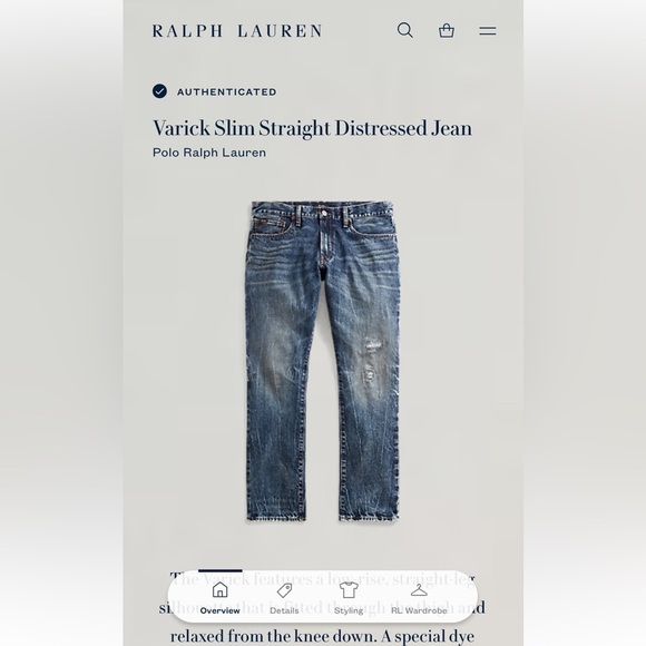 Polo Ralph Lauren Unique Distressed Varick Slim Straight 34 Men’s Jeans - Picture 2 of 13